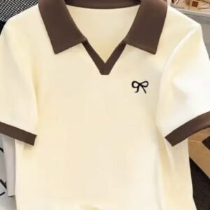 Retro Polo Knit Top with Ribbon Bow | Preppy Style